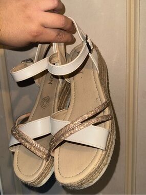 Women’s Cream Espadrille Wedge Sandals with Metallic Gold Straps